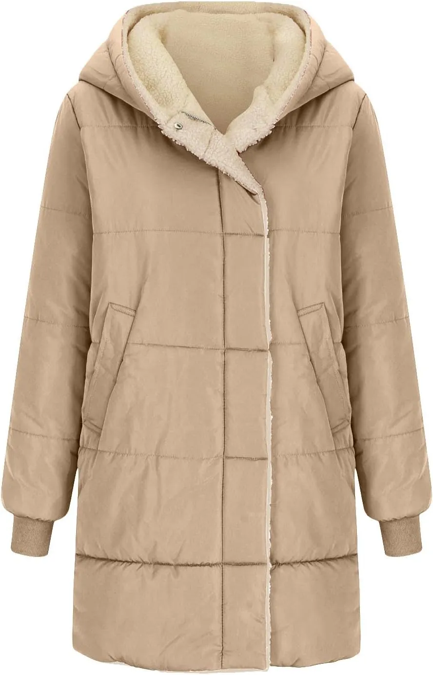 Women 2024 Winter Sherpa Lined Long Hooded Jackets Long Sleeve Button Down Shearling Fluffy Coats Trendy Outerwear