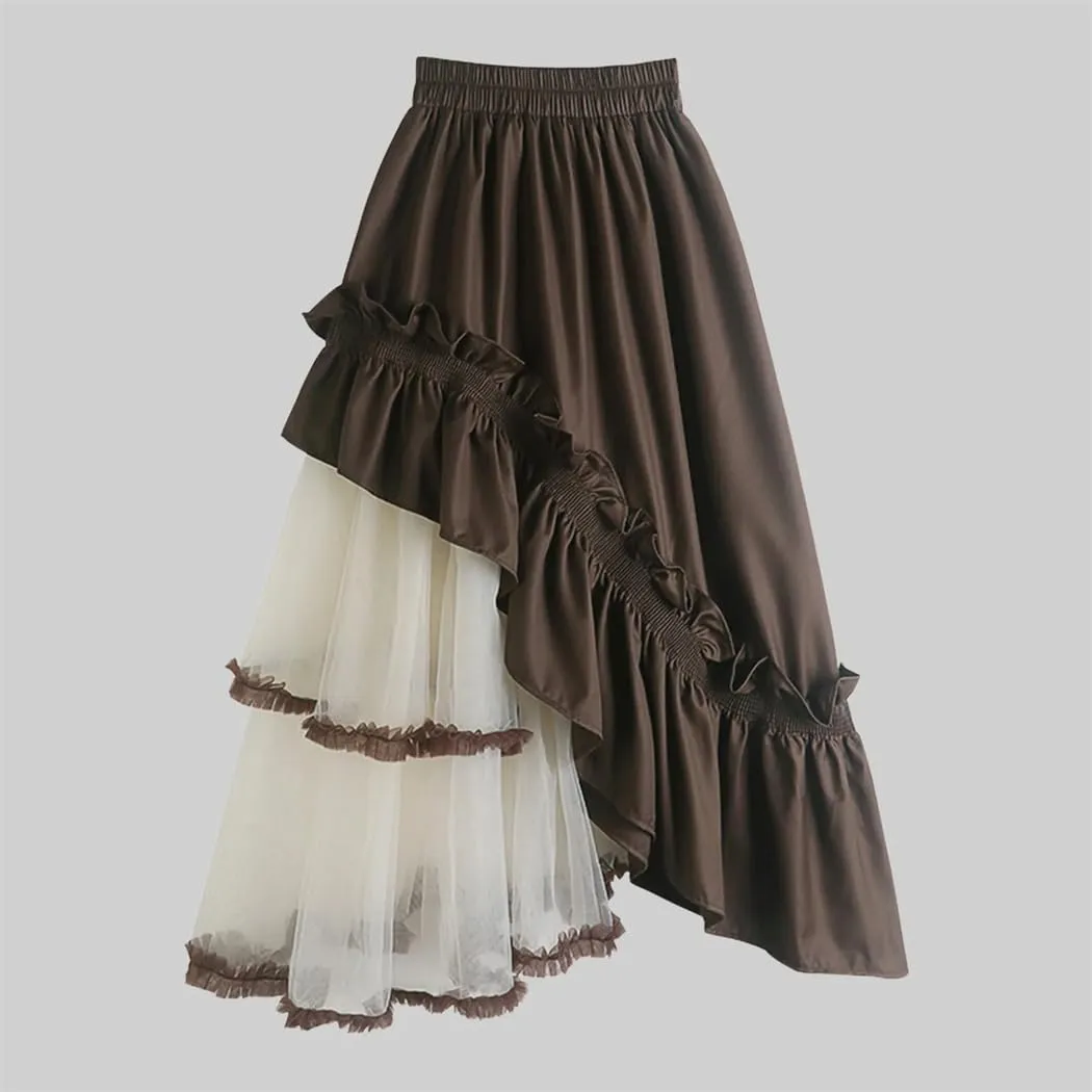 Women High Elastic Waist Ruffles Mesh Skirt A Line Half Body Irregular Hem Fashion Skirts