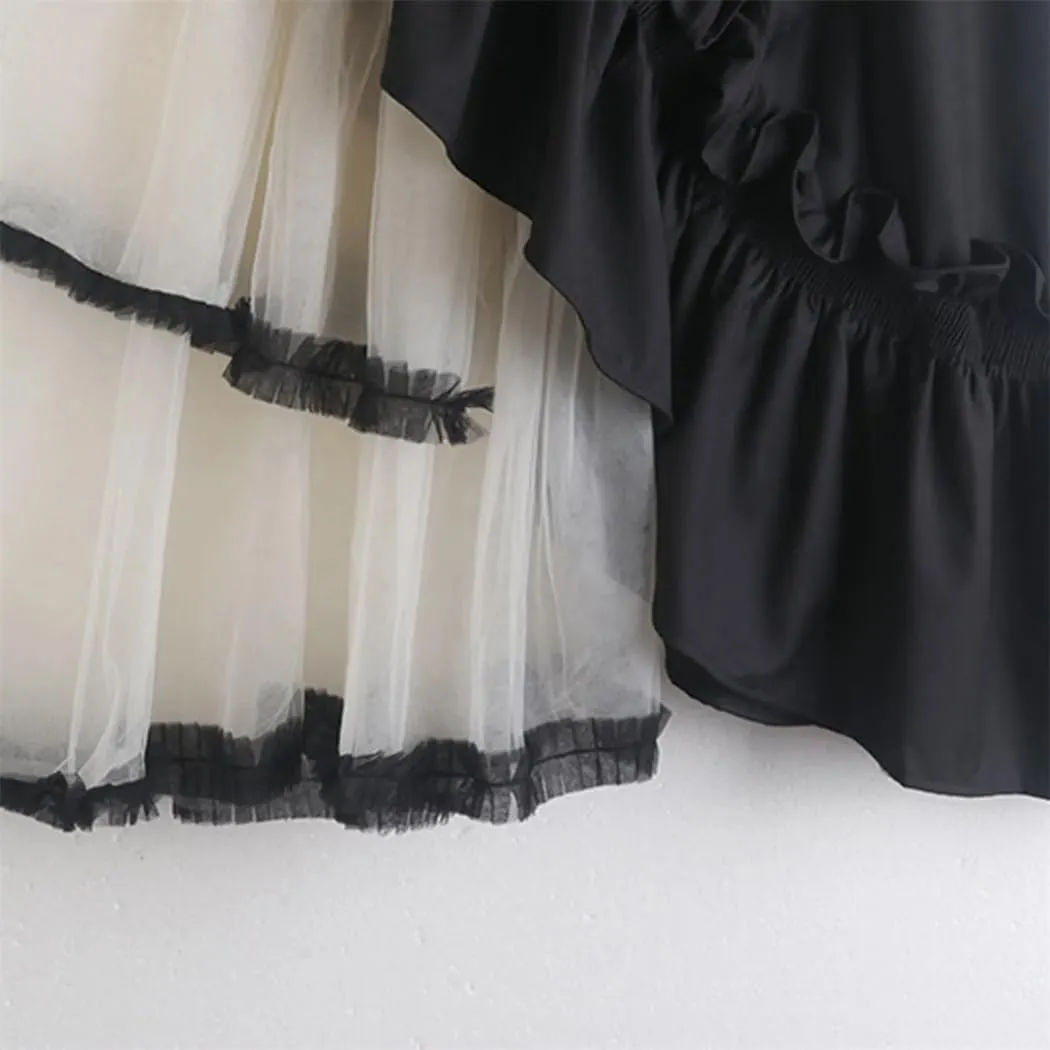 Women High Elastic Waist Ruffles Mesh Skirt A Line Half Body Irregular Hem Fashion Skirts