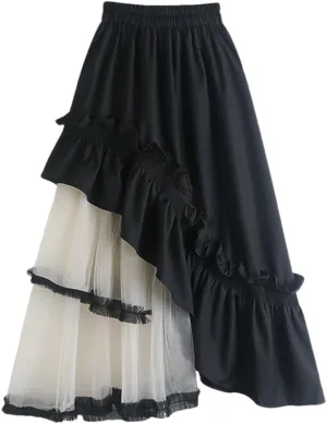 Women High Elastic Waist Ruffles Mesh Skirt A Line Half Body Irregular Hem Fashion Skirts