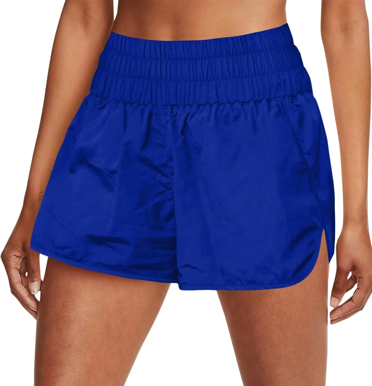 Women High Waisted Flowy Shorts Trendy Pleated Smocked Waist Side Slit Trouser Park Workout Cycling Casual Sweatpants
