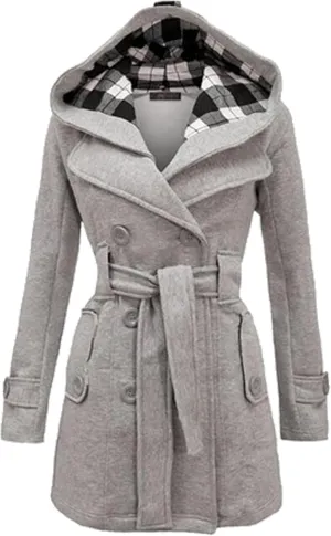Women Hooded Thick Trench Coat Long Sleeve Basic Jacket Commuting with Pockets Elegant Coat