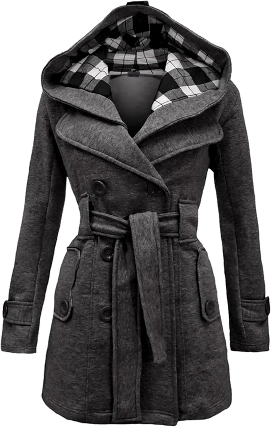 Women Hooded Thick Trench Coat Long Sleeve Basic Jacket Commuting with Pockets Elegant Coat