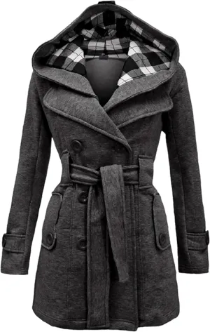 Women Hooded Thick Trench Coat Long Sleeve Basic Jacket Commuting with Pockets Elegant Coat