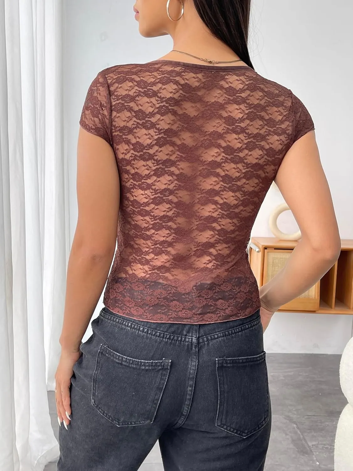 Women Lace Crop Top V Neck Slim Fit Going Out Top Short Sleeve Sheer Mesh See Through T Shirt Sexy Clubwear Tee