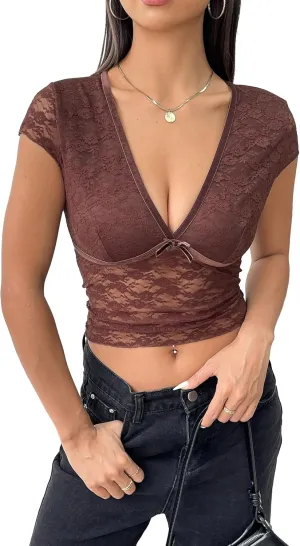 Women Lace Crop Top V Neck Slim Fit Going Out Top Short Sleeve Sheer Mesh See Through T Shirt Sexy Clubwear Tee