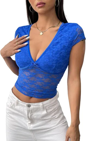 Women Lace Crop Top V Neck Slim Fit Going Out Top Short Sleeve Sheer Mesh See Through T Shirt Sexy Clubwear Tee
