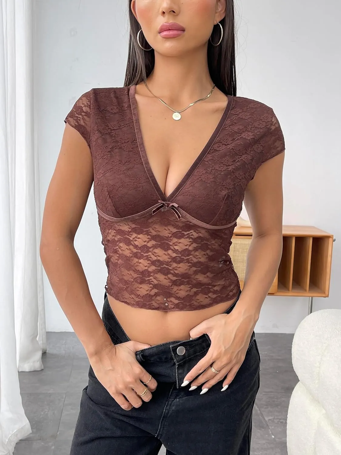 Women Lace Crop Top V Neck Slim Fit Going Out Top Short Sleeve Sheer Mesh See Through T Shirt Sexy Clubwear Tee
