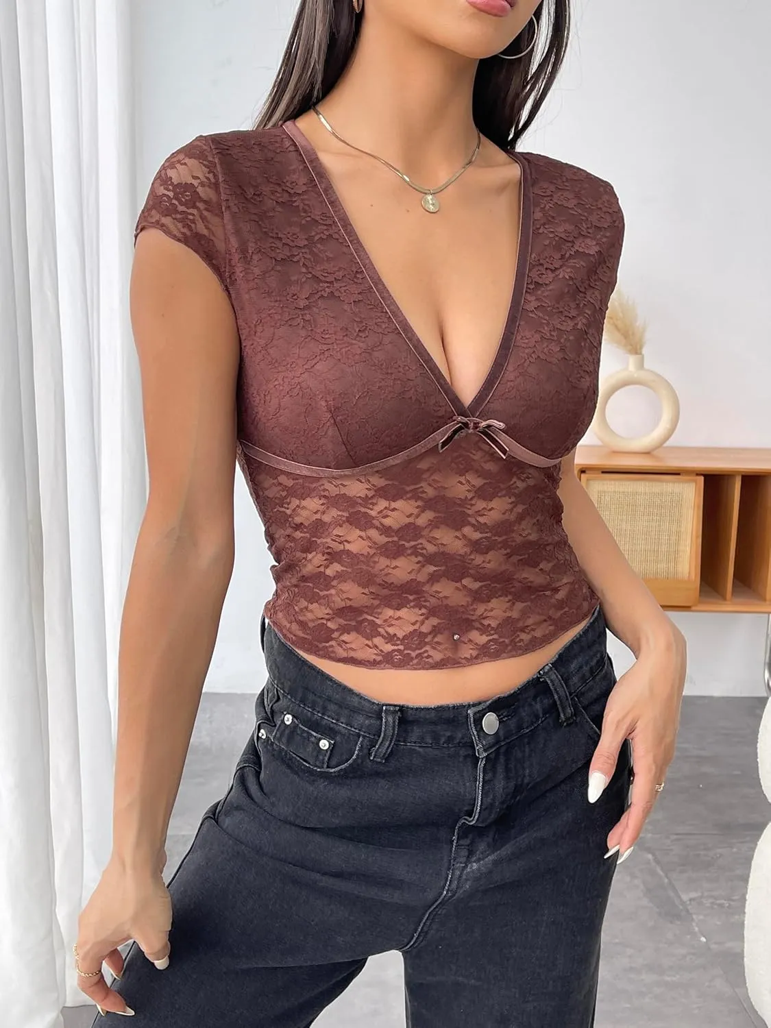 Women Lace Crop Top V Neck Slim Fit Going Out Top Short Sleeve Sheer Mesh See Through T Shirt Sexy Clubwear Tee