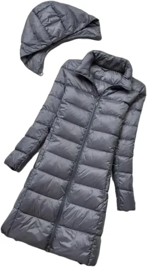 Women Midi Long Puffer Outerwear Warm Down Jacket Female Hooded Down Coat Parkas