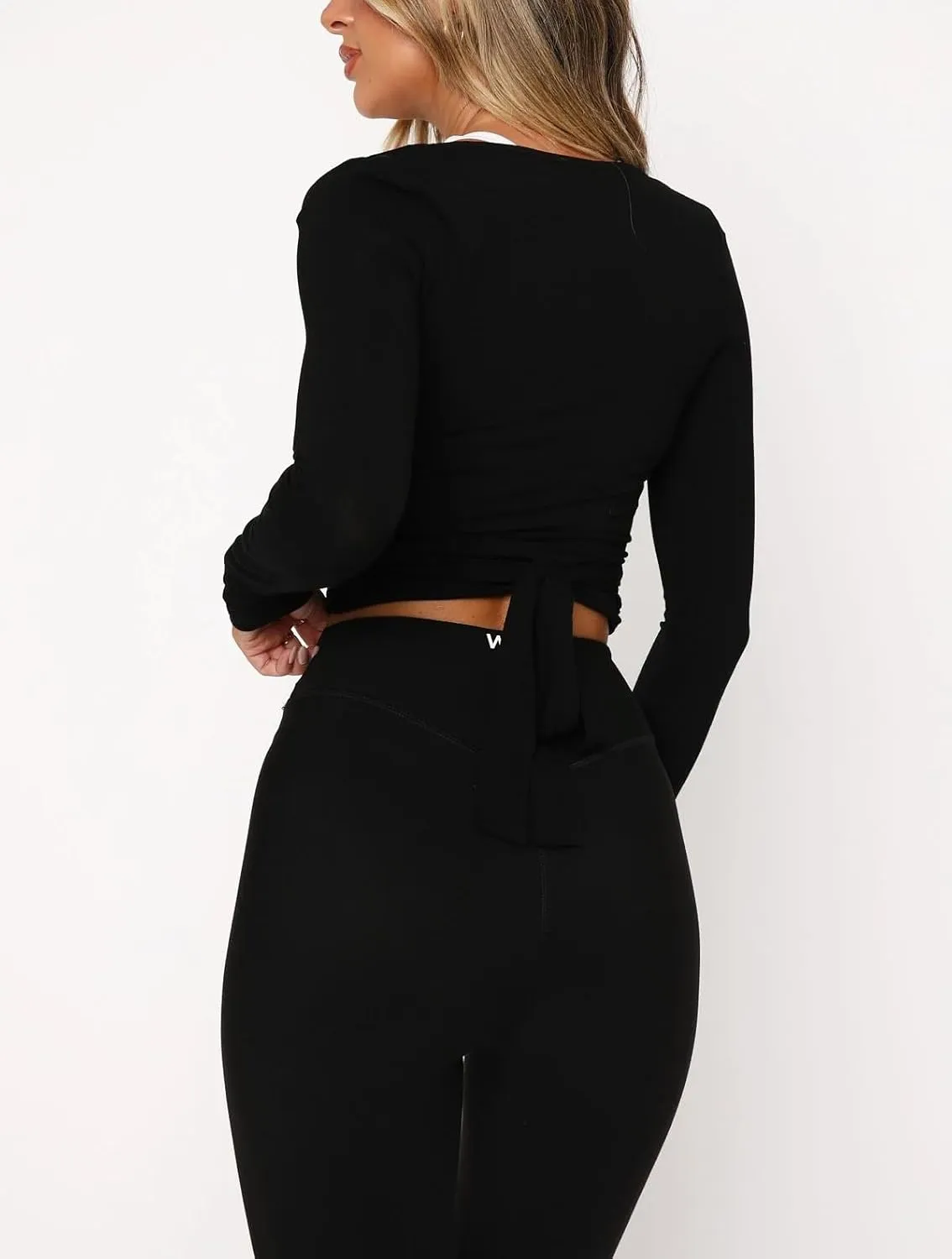 Women Pilates Cross Wrap Top Workout Long Sleeve Ballet Tie Crop Tops Slim Fit Deep V Neck Yoga Shirt