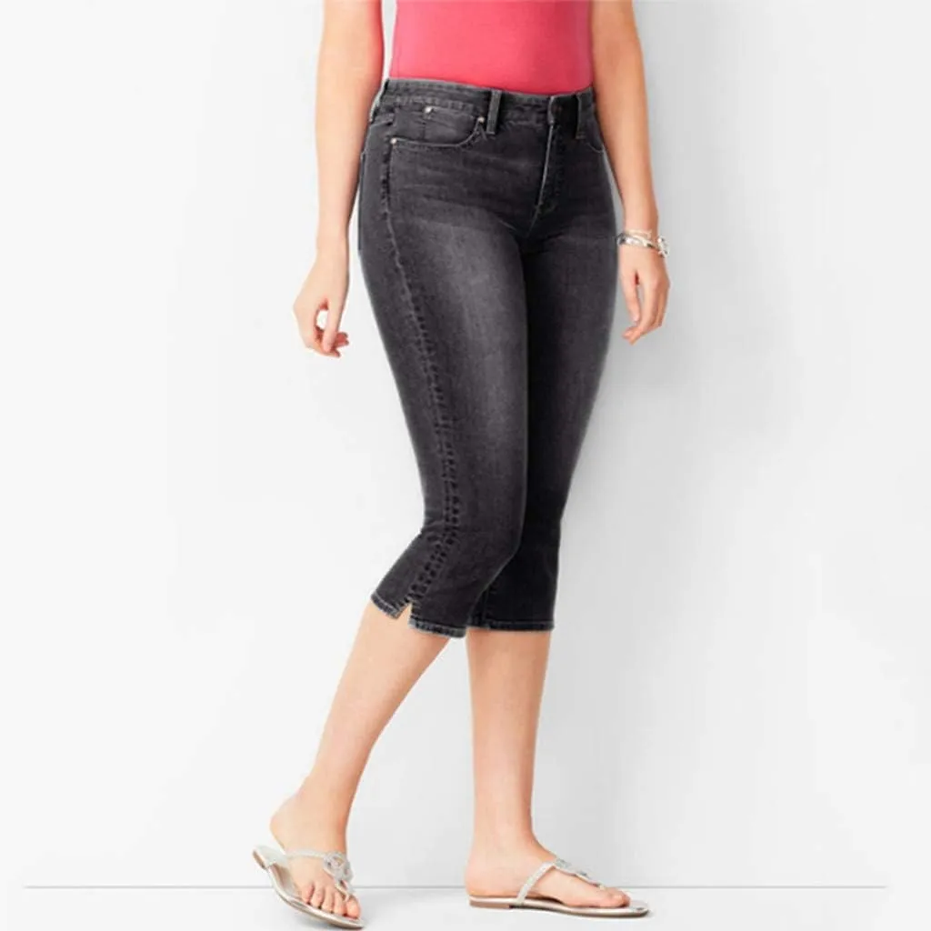 Women Plus Size Slim Jeans Stretch Tummy Control 3/4 Length Tight Calf Denim Pant Summer Office Relax Casual Trousers