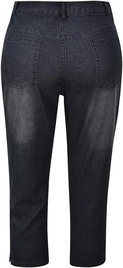Women Plus Size Slim Jeans Stretch Tummy Control 3/4 Length Tight Calf Denim Pant Summer Office Relax Casual Trousers