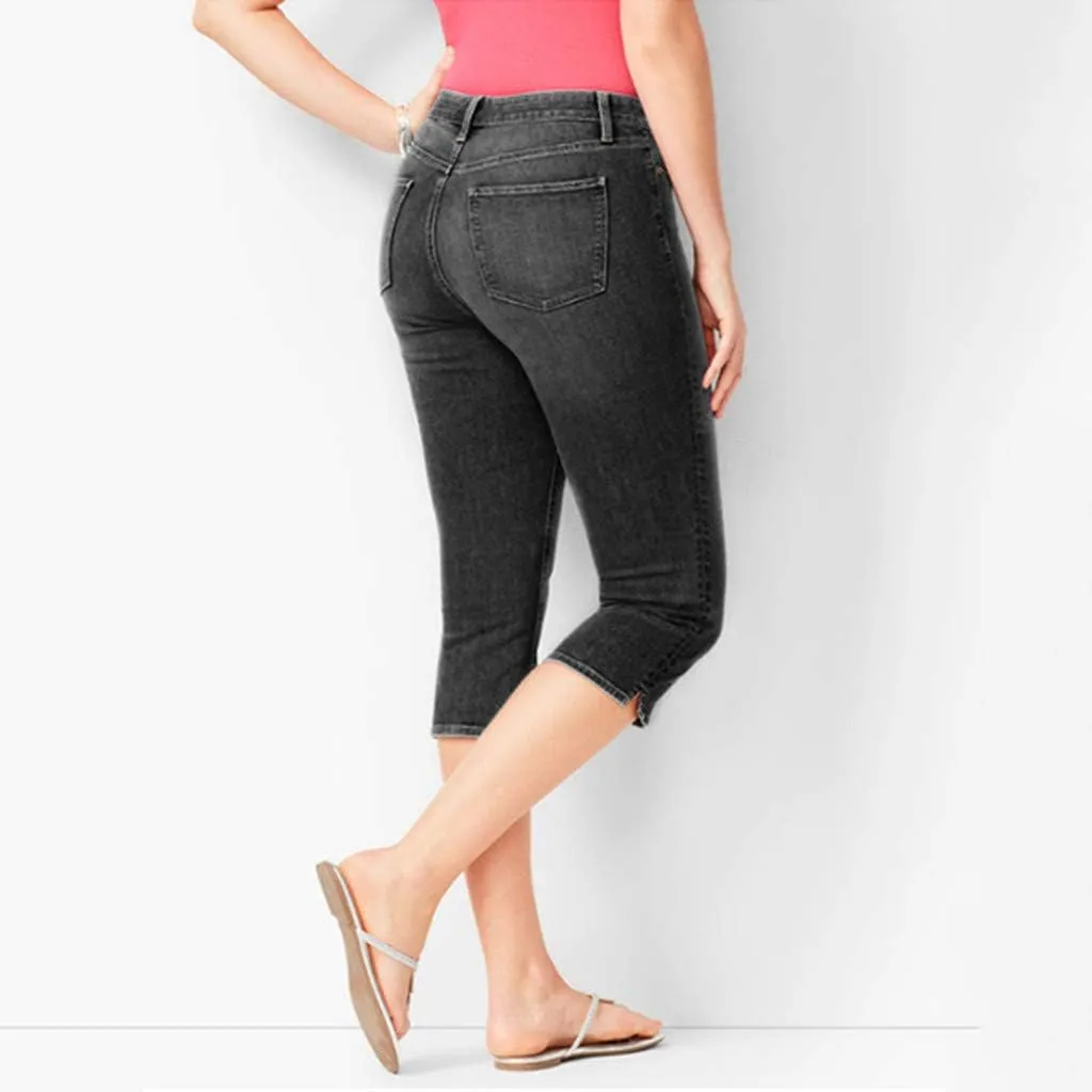Women Plus Size Slim Jeans Stretch Tummy Control 3/4 Length Tight Calf Denim Pant Summer Office Relax Casual Trousers