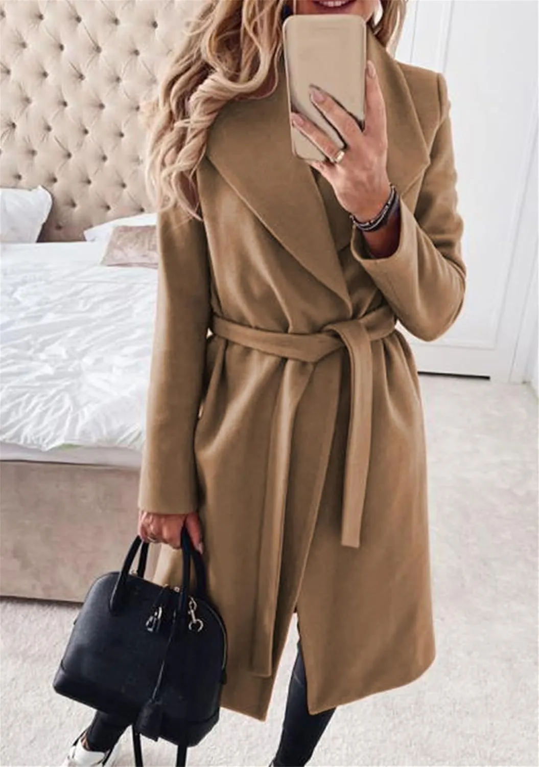 Women Solid Color Long Sleeve Long Coats Lapel Collar Belt Wool Blend Trench Coat Wrap Casual Winter Jackets