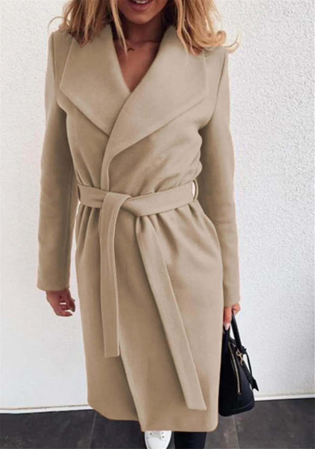 Women Solid Color Long Sleeve Long Coats Lapel Collar Belt Wool Blend Trench Coat Wrap Casual Winter Jackets