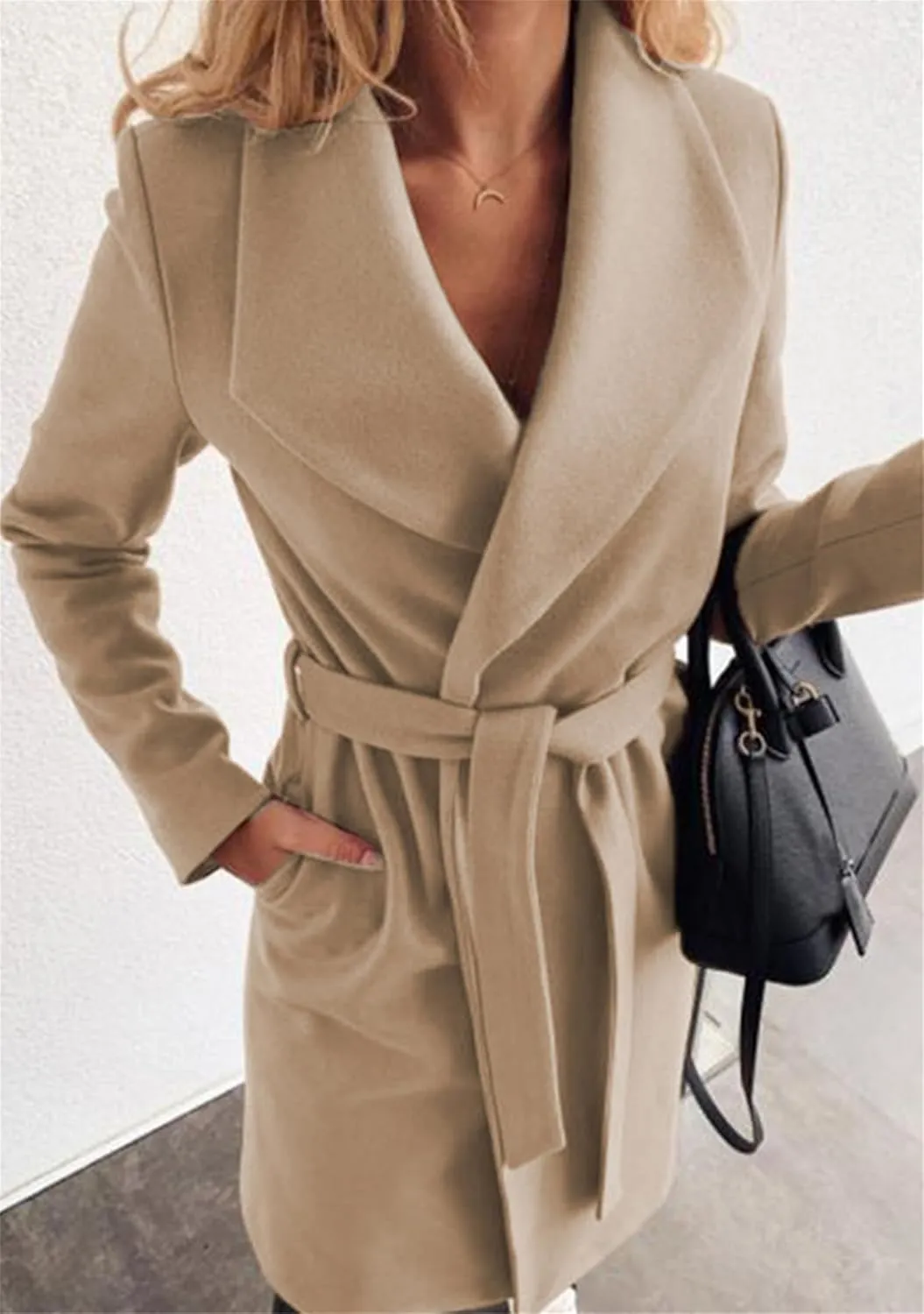 Women Solid Color Long Sleeve Long Coats Lapel Collar Belt Wool Blend Trench Coat Wrap Casual Winter Jackets