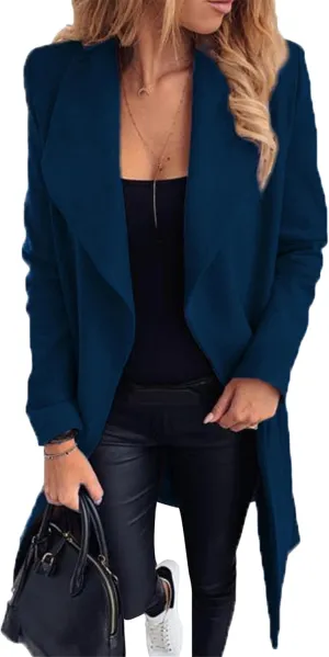 Women Solid Color Long Sleeve Long Coats Lapel Collar Belt Wool Blend Trench Coat Wrap Casual Winter Jackets