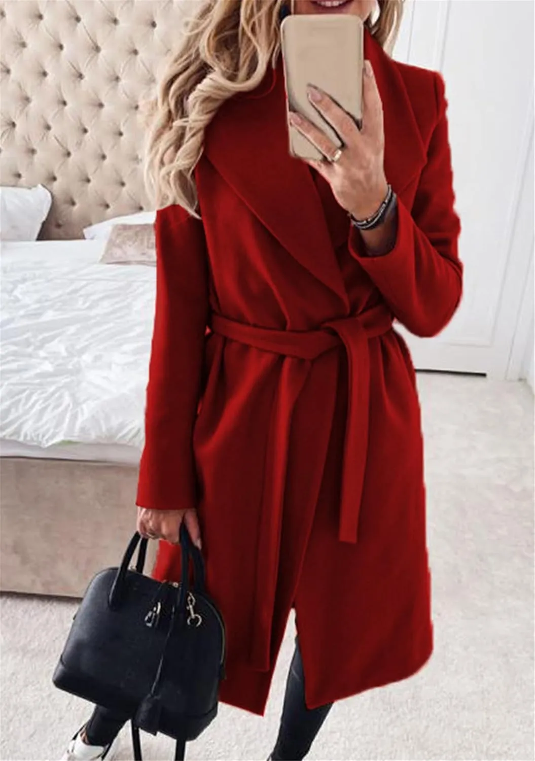 Women Solid Color Long Sleeve Long Coats Lapel Collar Belt Wool Blend Trench Coat Wrap Casual Winter Jackets