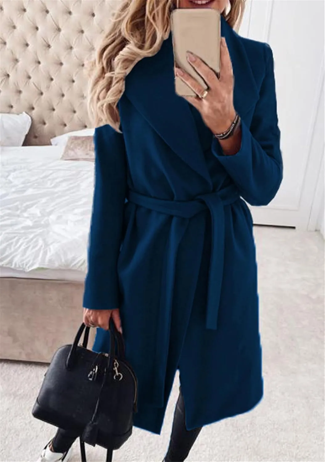 Women Solid Color Long Sleeve Long Coats Lapel Collar Belt Wool Blend Trench Coat Wrap Casual Winter Jackets
