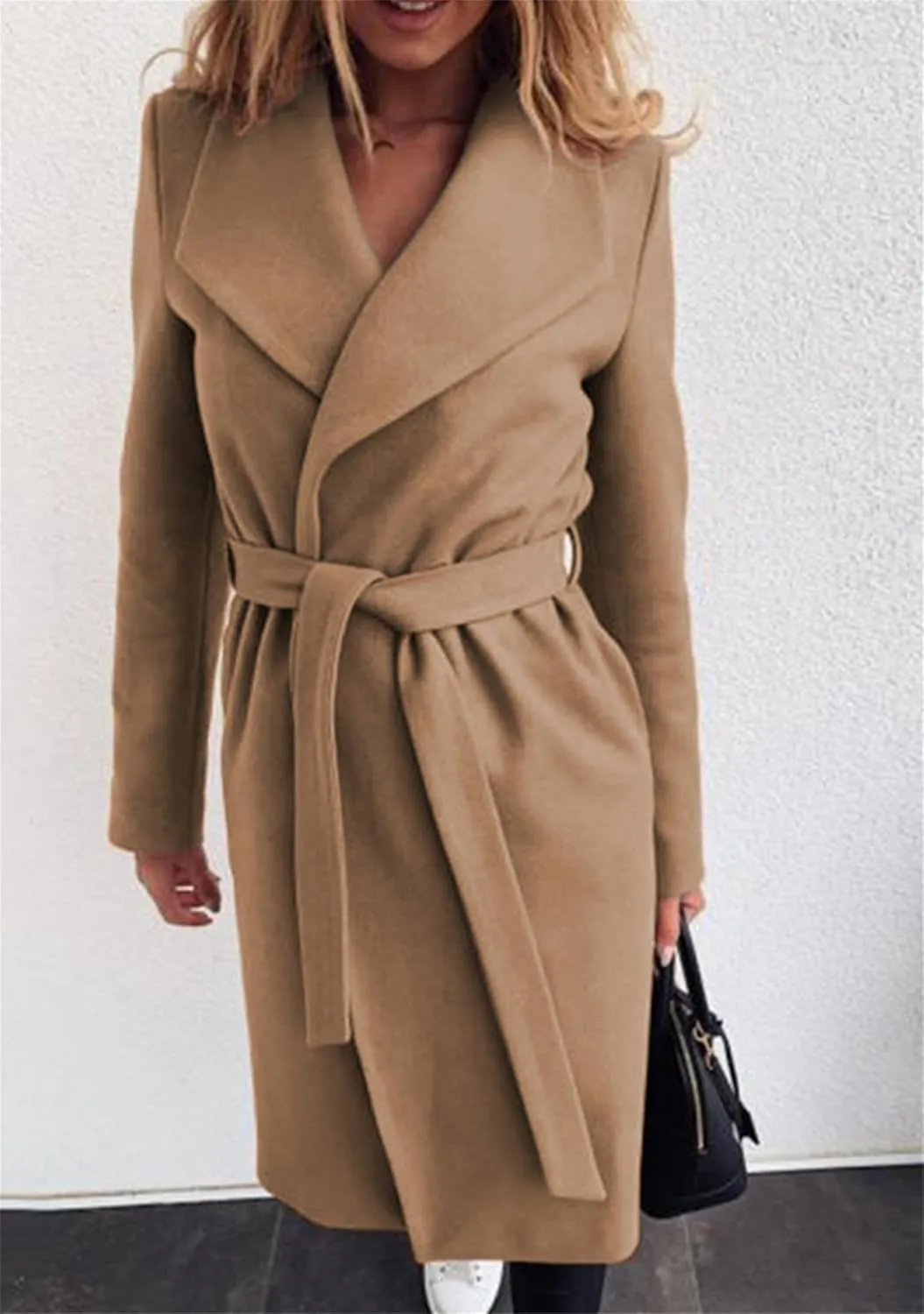 Women Solid Color Long Sleeve Long Coats Lapel Collar Belt Wool Blend Trench Coat Wrap Casual Winter Jackets
