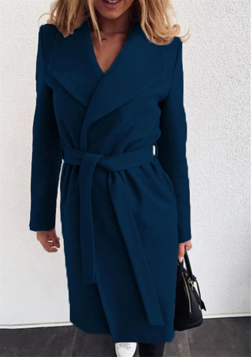 Women Solid Color Long Sleeve Long Coats Lapel Collar Belt Wool Blend Trench Coat Wrap Casual Winter Jackets