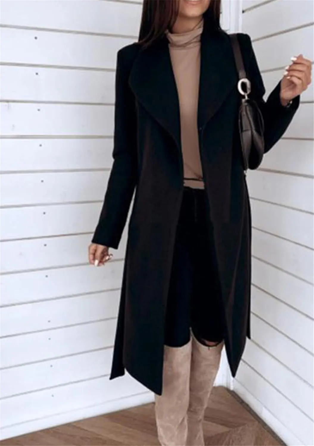 Women Solid Color Long Sleeve Long Coats Lapel Collar Belt Wool Blend Trench Coat Wrap Casual Winter Jackets