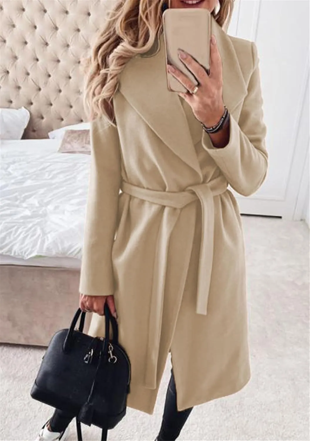 Women Solid Color Long Sleeve Long Coats Lapel Collar Belt Wool Blend Trench Coat Wrap Casual Winter Jackets