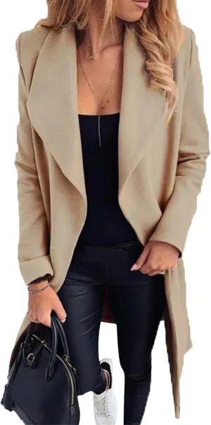 Women Solid Color Long Sleeve Long Coats Lapel Collar Belt Wool Blend Trench Coat Wrap Casual Winter Jackets