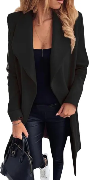 Women Solid Color Long Sleeve Long Coats Lapel Collar Belt Wool Blend Trench Coat Wrap Casual Winter Jackets