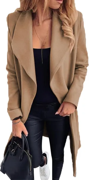 Women Solid Color Long Sleeve Long Coats Lapel Collar Belt Wool Blend Trench Coat Wrap Casual Winter Jackets