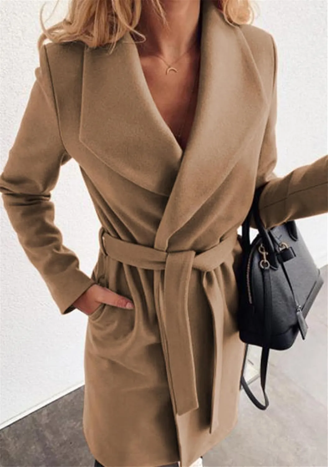 Women Solid Color Long Sleeve Long Coats Lapel Collar Belt Wool Blend Trench Coat Wrap Casual Winter Jackets