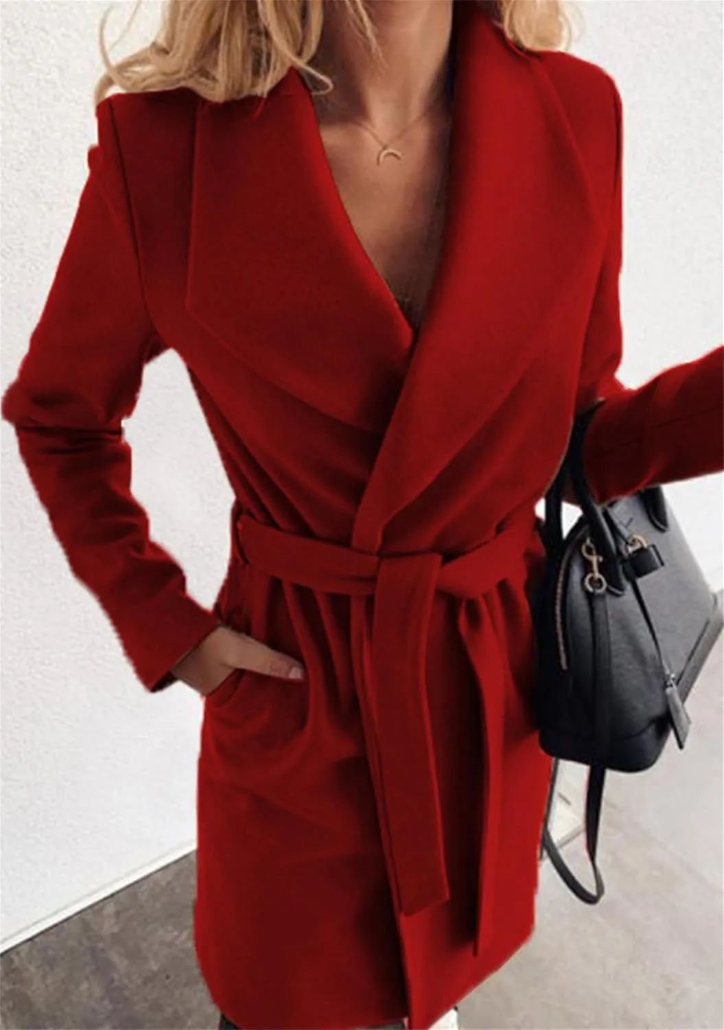 Women Solid Color Long Sleeve Long Coats Lapel Collar Belt Wool Blend Trench Coat Wrap Casual Winter Jackets