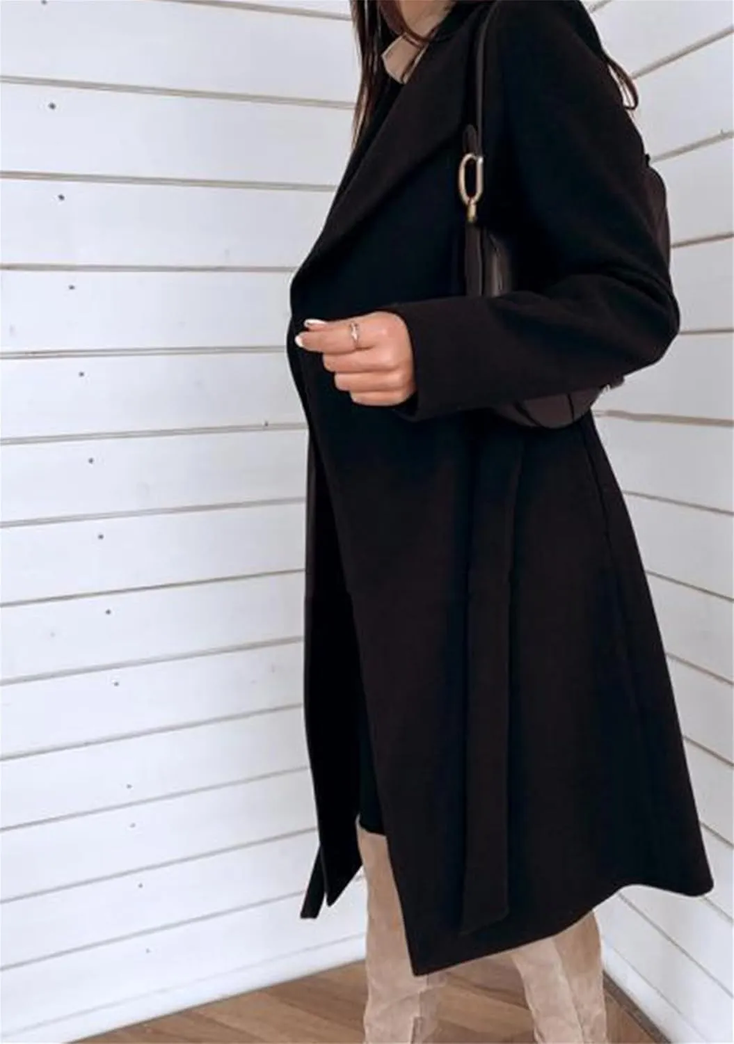 Women Solid Color Long Sleeve Long Coats Lapel Collar Belt Wool Blend Trench Coat Wrap Casual Winter Jackets