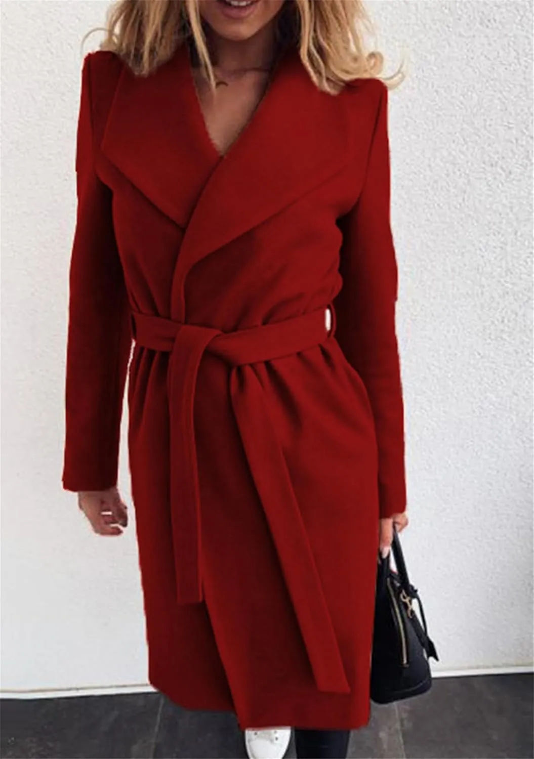 Women Solid Color Long Sleeve Long Coats Lapel Collar Belt Wool Blend Trench Coat Wrap Casual Winter Jackets