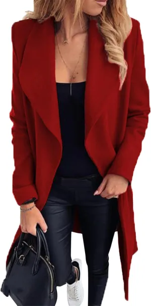 Women Solid Color Long Sleeve Long Coats Lapel Collar Belt Wool Blend Trench Coat Wrap Casual Winter Jackets
