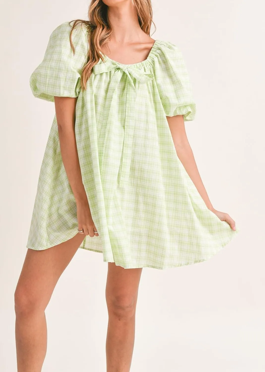 Women Square Neck Summer Mini Dress Puff Sleeve Bow Tie Babydoll Dress Loose Floral Flowy Sundress