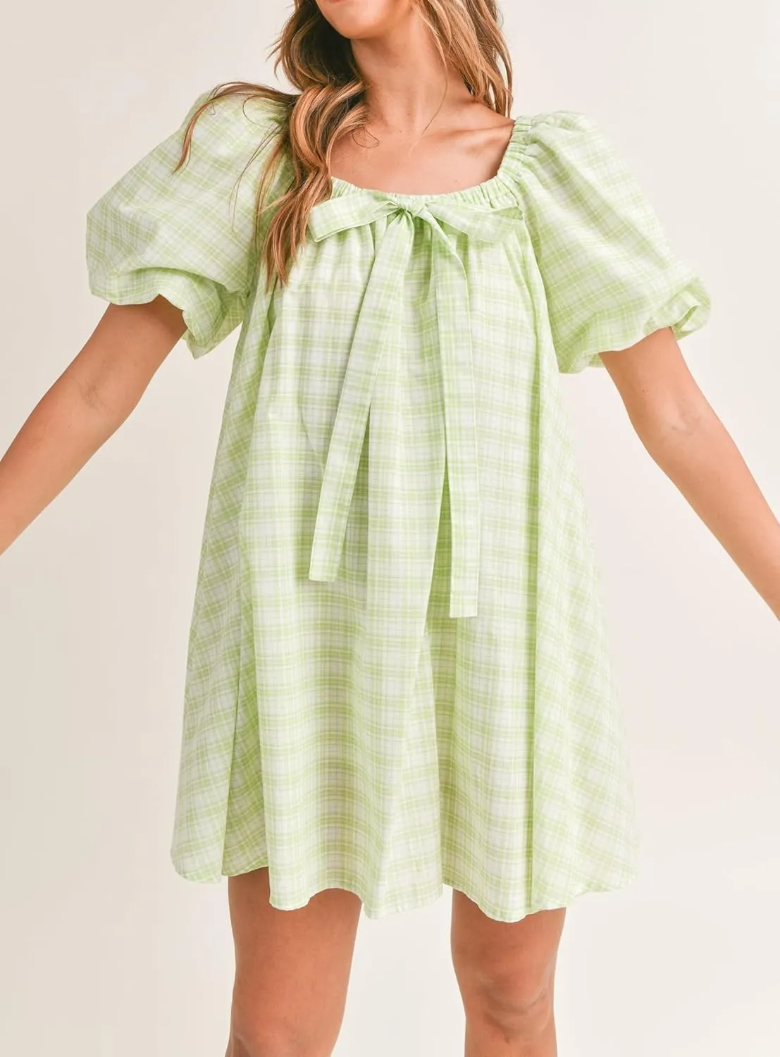 Women Square Neck Summer Mini Dress Puff Sleeve Bow Tie Babydoll Dress Loose Floral Flowy Sundress