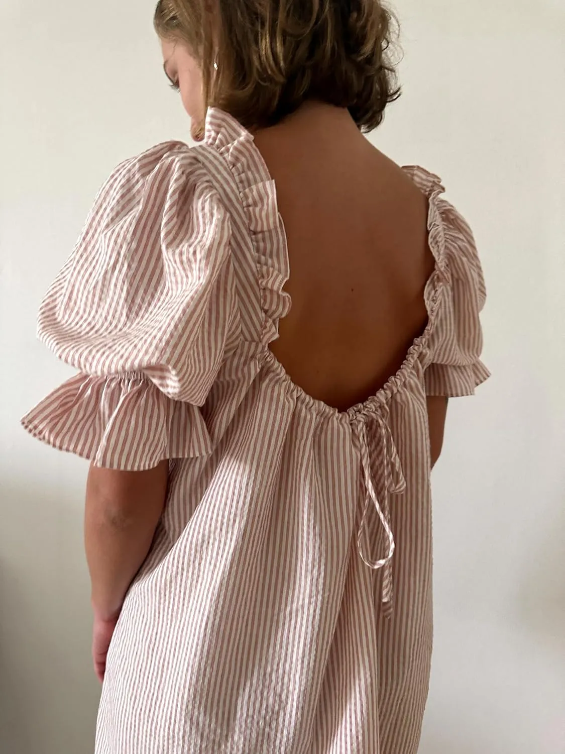 Women Square Neck Summer Mini Dress Puff Sleeve Bow Tie Babydoll Dress Loose Floral Flowy Sundress