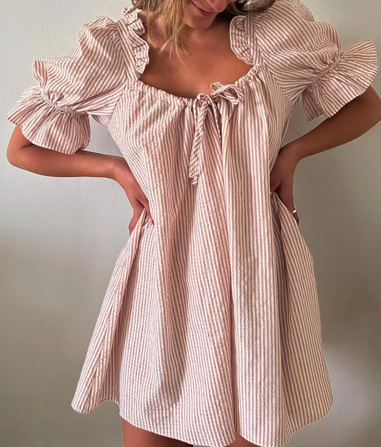 Women Square Neck Summer Mini Dress Puff Sleeve Bow Tie Babydoll Dress Loose Floral Flowy Sundress