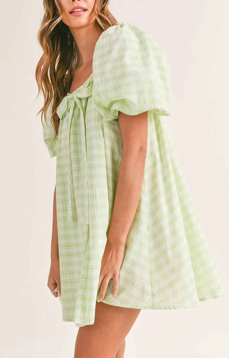 Women Square Neck Summer Mini Dress Puff Sleeve Bow Tie Babydoll Dress Loose Floral Flowy Sundress