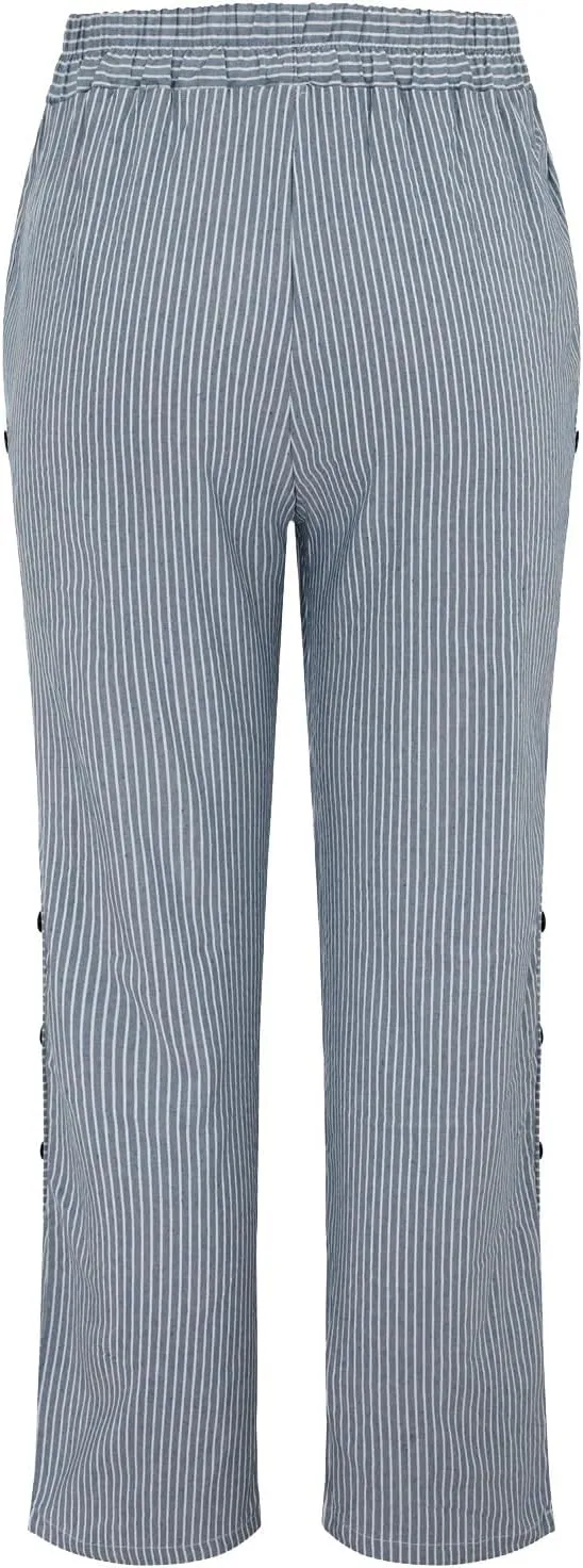 Women Stripe Cotton Linen Pants Fashion Straight Leg Side Button Work Dressy Trousers Elastic Waist Casual Sweatpants