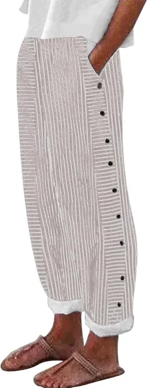 Women Stripe Cotton Linen Pants Fashion Straight Leg Side Button Work Dressy Trousers Elastic Waist Casual Sweatpants