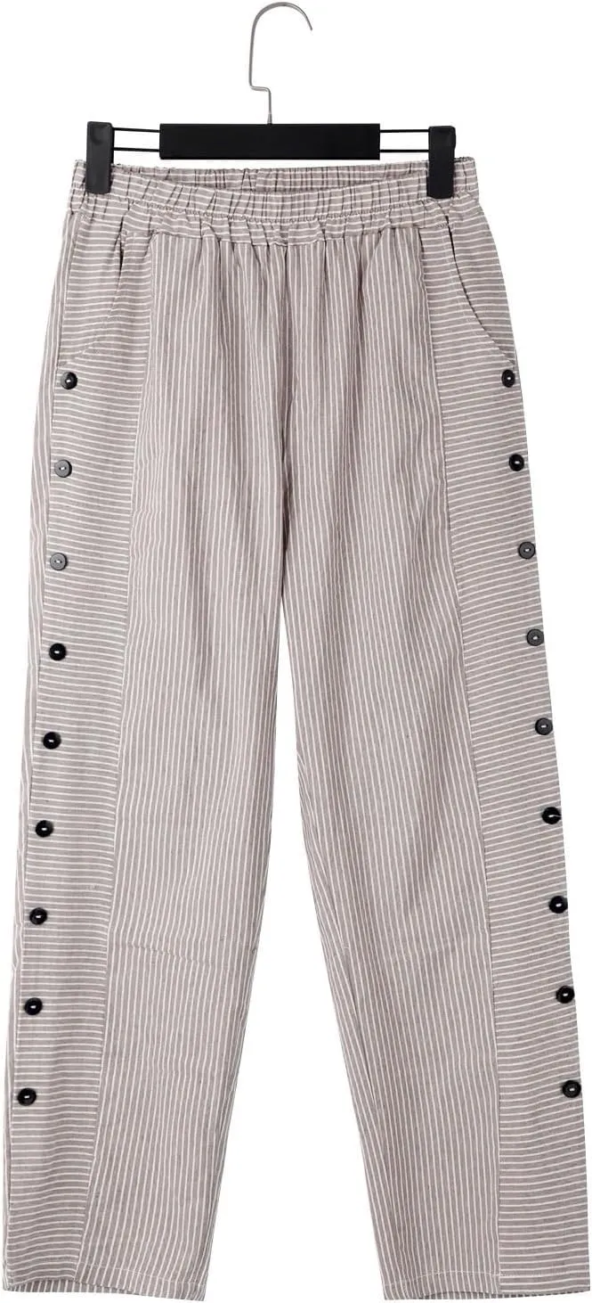 Women Stripe Cotton Linen Pants Fashion Straight Leg Side Button Work Dressy Trousers Elastic Waist Casual Sweatpants