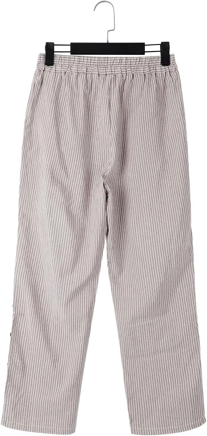 Women Stripe Cotton Linen Pants Fashion Straight Leg Side Button Work Dressy Trousers Elastic Waist Casual Sweatpants