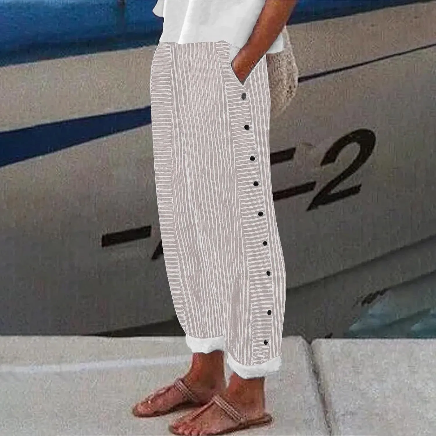 Women Stripe Cotton Linen Pants Fashion Straight Leg Side Button Work Dressy Trousers Elastic Waist Casual Sweatpants