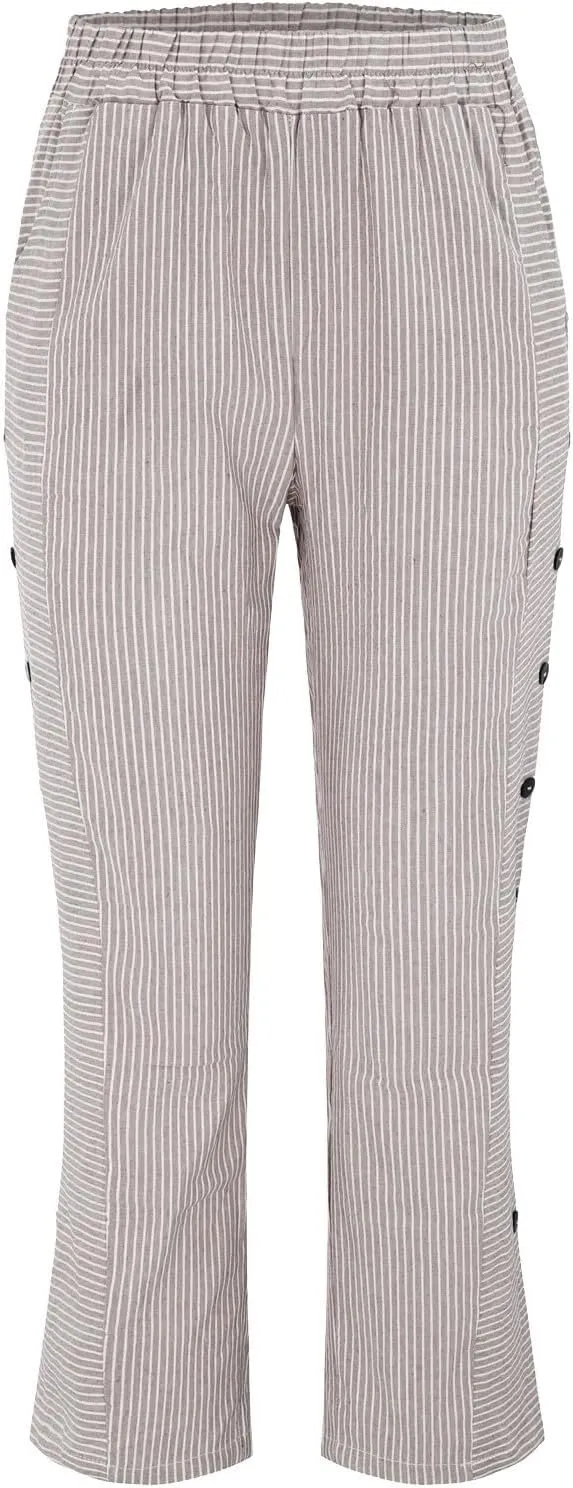 Women Stripe Cotton Linen Pants Fashion Straight Leg Side Button Work Dressy Trousers Elastic Waist Casual Sweatpants