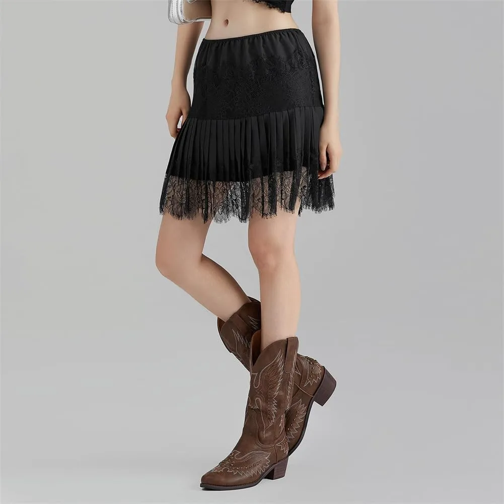 Women Y2k Lace Mini Skirts, Low Rise Pleated Ruffle Half Slip Skirt Layered Flowy Short Skirt Streetwear
