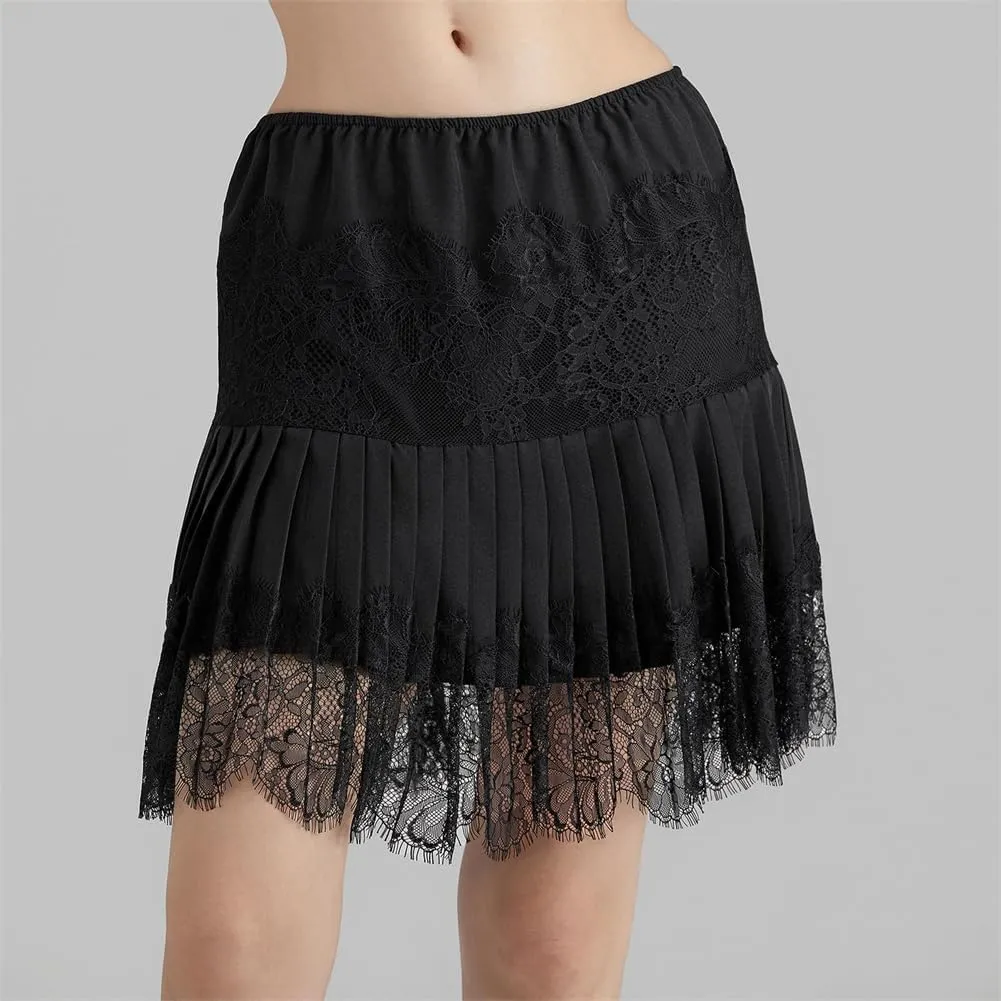 Women Y2k Lace Mini Skirts, Low Rise Pleated Ruffle Half Slip Skirt Layered Flowy Short Skirt Streetwear