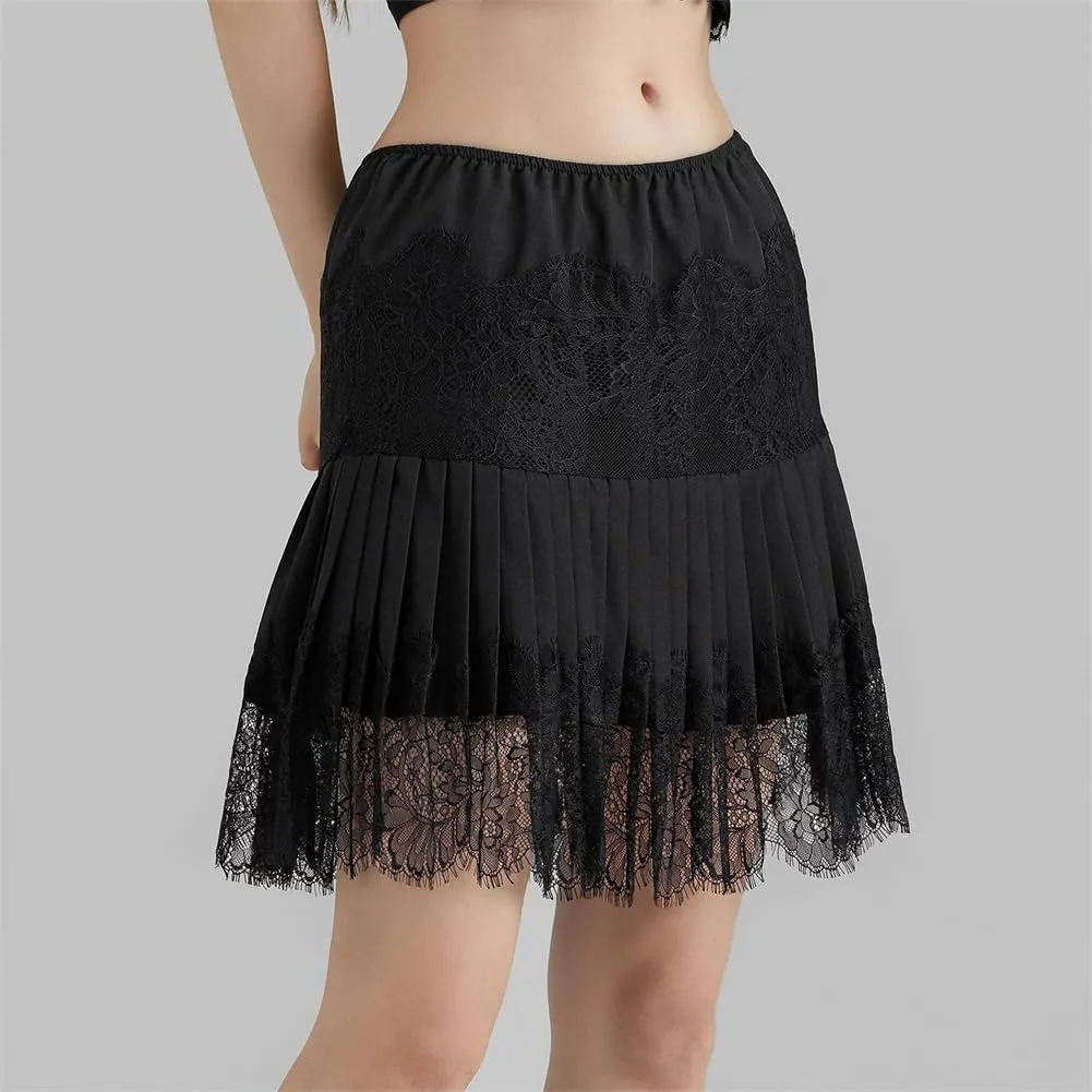 Women Y2k Lace Mini Skirts, Low Rise Pleated Ruffle Half Slip Skirt Layered Flowy Short Skirt Streetwear